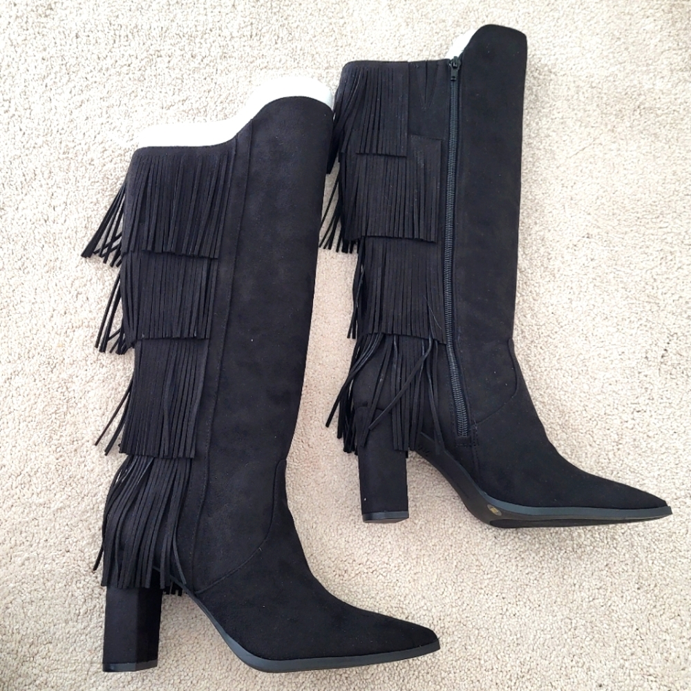 INC Black Suede Fringe Boots